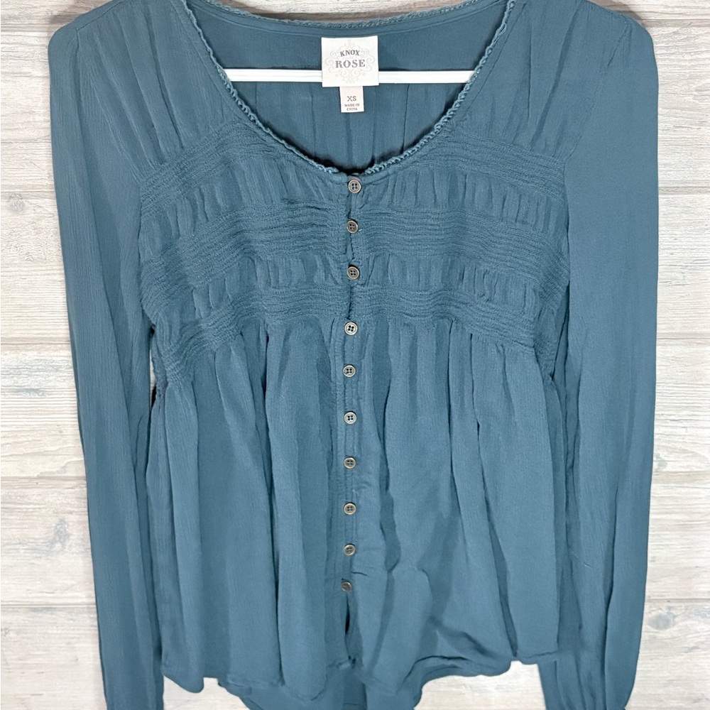 Knox Rose Teal Button-Front Peasant Top
